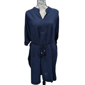 Davi & Dani Navy Blue V-Neck Dress Braided Tassel Belt Cuffed Sleeve- Medium
